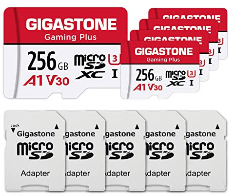 GIGASTONE Gaming Plus Micro SD Karte 256GB 5er-Pack und SD Adapter, Kompatibel mit Switch 1, bis zu 100/60 MB/s MicroSDXC Speicherkarte UHS-I A1 U3 V30 Klasse 10, 4K UHD Videoaufnahme