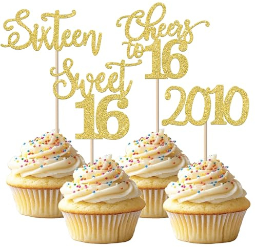 24 Stück 16. Geburtstag Cupcake Toppers Glitter Sixteen seit 2007 Sweet 16 Cupcake Picks Hello 16 Years Birthday Cake Decorations für Happy 16th Birthday Anniversary Party Gold