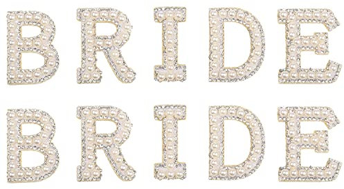 NAUZE 10 Pieces Bride Rhinestone Iron on Patches Bling Diamond Pearl Letter Patches Bride English Letter Sew On Patches for Clothing DIY Art Crafts