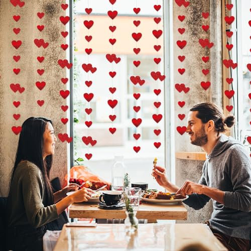 Papier Girlande Deko, QeeFop 52Ft Rot Herz Girlande Hochzeit Deko Doppelseitig Metallisches Papier Hängende Girlande für Hochzeit, Geburtstag, Brautparty Deko, Junggesellinnenabschied (Rot)
