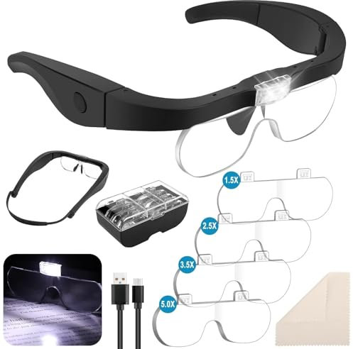Linkstyle Magnifying Glass with Light, 1.5X- 5X Headband Magnifier with 4 Detachable 5H Hardness Lense for Watch Repair