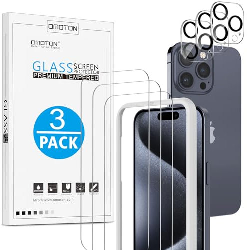 OMOTON für iPhone 15 Pro Max Panzer Schutz Glas mit Rahmen-Installationshilfe, kompatibel Kamera Schutzfolie, 3+3 Stück, Anti- Kratzer, Bläschenfrei, 9H Härte, HD-Klar