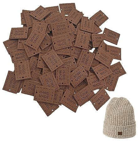 Hezhou 100 Stück Handmade Label Handgefertigte Lederetiketten Etikett Handmade Etiketten Nähen PU Handmade Label Perforiertes Design Zum Nähen von Quilts, Schals, Mützen, Taschen (Quadratisch)