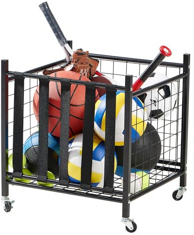 True & Tidy® Metal Storage Cart with Straps and Wheels, Elastic Straps Locking Wheels Indoor Outdoor Steel Equipment Ball Cart Holder, Stuffed Animal Toy Storage Organizer - Home, Garage, School, Gym