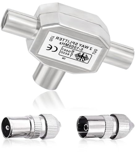 2-Way TV Aerial Splitte, Cable TV Splitter with Female and Male TV Aerial Coaxial Cable Connectors Adapter, Coaxial Digital Signal Antenna Splitter, 2 Way 1 Male and 1 Female Adapter Connector Joiner