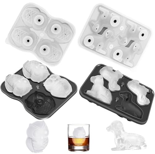 LOULANLUXE Große Silikon Eiswürfelform mit Deckel, 4-Fach Eule-Eiswürfelform und Hunde-Eiswürfelform, Wiederverwendbar Silicone Ice Cube Tray, Spülmaschinenfest, für Cocktails, Whisky, Longdrinks