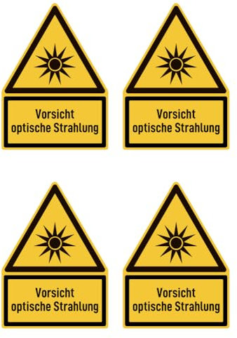 Aufkleber: 112.5x75 mm, 4 Stück - Vorsicht optische Strahlung - Warnzeichen mit Text (deutsch) (gelb/schwarz) - Dreick - W027 - DIN EN ISO 7010 / ASR A1.3