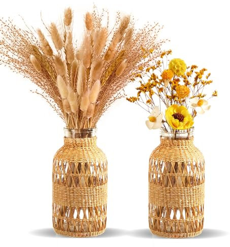 ZENS Rustikale Vasen Boho Deko 2er Set, Handmade Gewebter Vase Glas für Tischdeko, Blumenvase in Landhausstil Für Pampasgras, Bücherregal, Wohnzimmer und als Geschenk