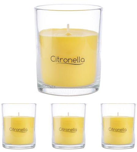H HANSEL HOME Velas Aromáticas de Citronela en Vaso de Cristal 125g x 4 - Antimosquitos Natural, 28 Horas de Duración, 8.5x7 cm