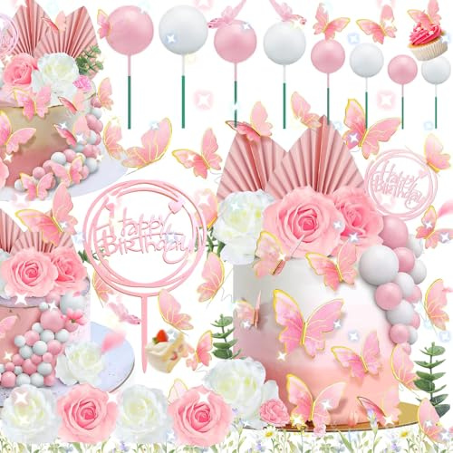 Benaton 52 Pièces Décoration de Gâteau Papillon Cupcakes Toppers Balle, Feuille de Palmier et Papillon Decoration Gateau Pour Anniversaire Mariage Fête, Boho Gâteau Décoration Rose Gâteau Décoration