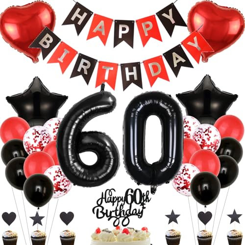 Anlgdi Deko 60. Geburtstag Frau, Tortendeko Geburtstag 60 Jahre Frauen, Rot Schwarz Geburtstagsdeko 60 Jahr Frau, Ballon 60 Geburtstag Mann, Folienballon 60 Geburtstag Männer Frauen Dekoration