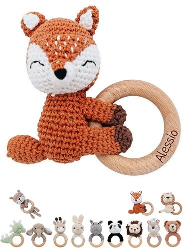 wunderwunsch® - Personalisierter Beißring Baby - Niedlicher Greifling für Baby's ab 0 Monate - Babyrassel mit Name als Baby Geschenk für Mädchen und Jungen (Fuchs liegend,mit Name)
