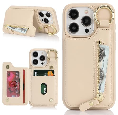 Havaya für iPhone 15 Pro Hülle mit Kartenhalter Handyhülle für iPhone 15 Pro mit Schlüsselanhänger Hülle geldbörse Reißverschluss für Herren und Damen - Aprikose