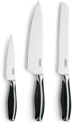 Kuppels Chef Küchenmesser Set 3-teilig | Allzweckmesser, Kochmesser & Brotmesser mit Wellenschliff | Schwarze Griffe | Messerset für die Küche