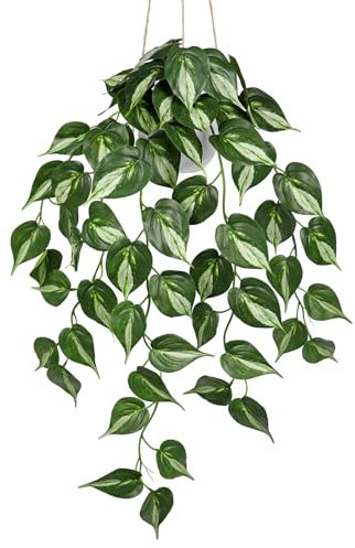 Arborus Artificial Hanging Plant in Pot 28 Fake Pothos Hanging Plants Indoors Faux Green Hanging Plants Potted Artificial Trailing Plants Artificial Greenery for Bedroom Bathroom Shelf Balcony Decor