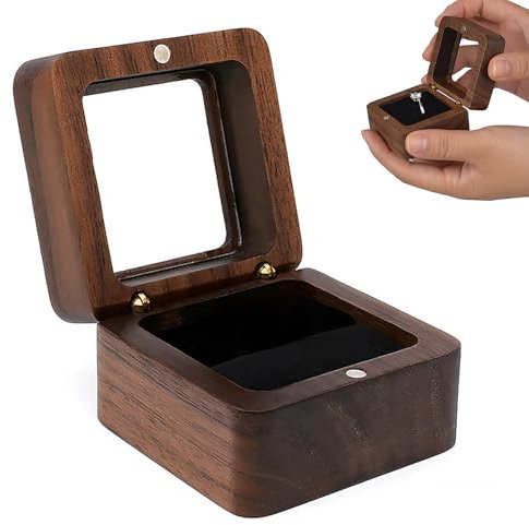 OdiuK Ringbox Holz, Visuelles Fenster Verlobungsring Box 5.5x5.5x3.8cm Tragbar Kleine Ringschatulle Samt Soft Interieur Hochzeit Holz Ring Box, Ringkästchen für Vorschlag Verlobung Hochzeit Zeremonie