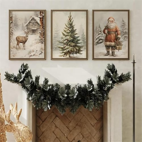 Uixxducc 3er Weihnachten Premium Poster Set, Vintage Elch Weihnachtsmann Weihnachtsbaum Winterlandschaft Wandbilder Kunstdrucke Leinwand Bilder Wohnzimmer & Schlafzimmer, Ohne Rahmen (30x40cm)