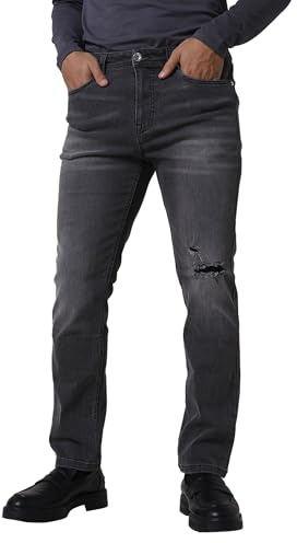Enorsia Mens Regular Fit Distressed Stretch Denim Jeans - Dark Grey, Classic Five-Pocket, Zipper Fly, Comfortable and Versatile Fashionable Casual Wear