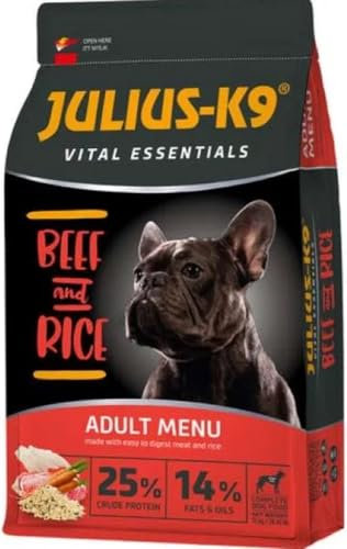 Julius-K9 - Rindfleisch & Rice - Hundefutter für ausgewachsene Hunde - Hundeklumpen auf Rinder- & Reisbasis - für alle kleinen Rassen geeignet - 3kg