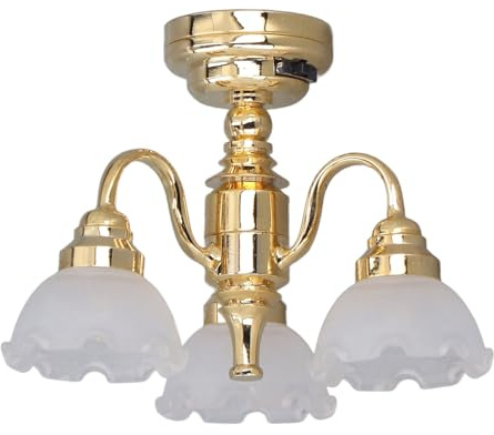 1:12 Miniatur Puppenhaus Kronleuchter Puppenhaus Deckenlampe, Exquisites Metallglas 3 Köpfe Batterieantrieb Puppenhaus Beleuchtung Deckenleuchte Puppenhausmöbel Puppenhauszubehör