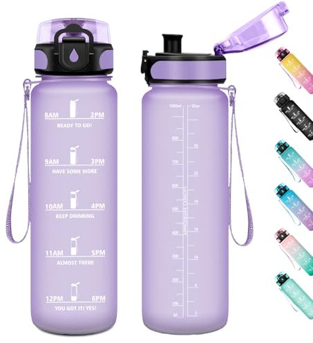 Trinkflasche Sport 1L, Wasserflasche Sport Auslaufsicher mit Zeitmarkierung, Trinkflasche mit Filter, Trinkflaschen Kohlensäure Geeignet, Sportflasche für Fitness, Gym, Schule, Outdoor, Yoga