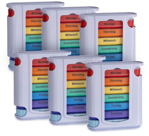 Laro Tablettenbox Bunt 7 Tage 4 Fächern pro Tag - Wahlweise mit 3/6/12/24/48/96 Stück - Seniorenfreundlich, Anzahl:12