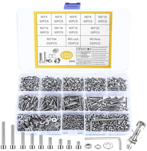 1320 Pcs M3 Juego de Tornillos con Tuercas, Tornillos de Cabeza hueca Hexagonal de Acero Inoxidable y Tuercas con Arandelas, M3Tornillos de Cabeza Allen de Cilíndrica, Pernos Tornillería Inox