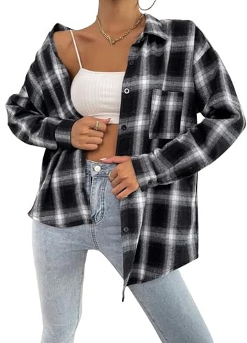 Risipu Women Flannel Checked Shirts Ladies Classic Casual Long Sleeve Plaid Shirt Oversized Blouses Tops with Pockets (XL, Black)