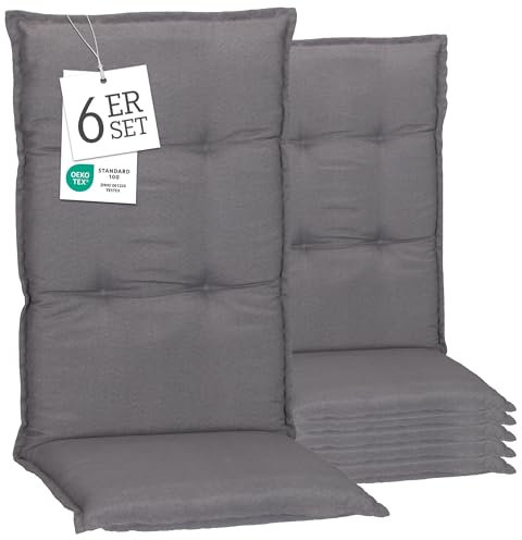 Beo® Turin Hochlehner Gartenstuhl-Auflagen 6er Set | Waschbar | Made in EU | Atmungsaktiv | UV-beständig | Öko-Tex Standard | Hellgrau | Extra Dicke Sitzkissen Outdoor