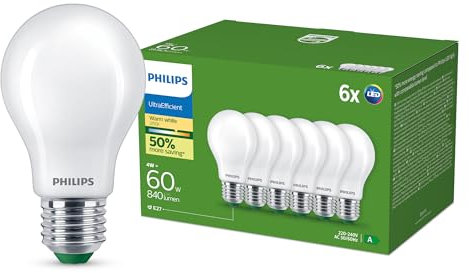 Ampoule LED Philips ultra efficace, classe d'efficacité énergétique A, avec douille E27, 60W, mat, blanc chaud 2700K, 6 packs