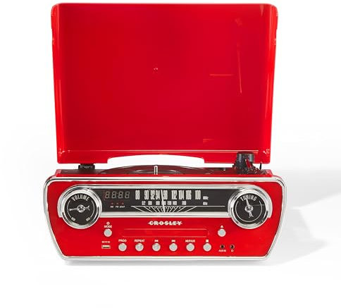 Crosley Powel - Tocadiscos 7 en 1 con Altavoces y Reproductor de CD, Sistema de Entretenimiento Bluetooth con diseño de Coche Vintage con Radio Am/FM, Estilo Retro Rojo para Vinilo, música Digital e