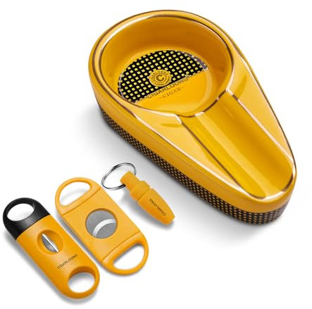 Cenicero para cigarros de cerámica con cortador de cigarros en V, guillotina de doble hoja y broca afilada, cenicero irrompible para exteriores e interiores (amarillo)