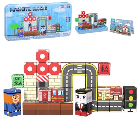 Travel Magnet Building Blocks, 35PCS Christmas Mini Magnetic Blocks, STEM Magnet Gift, Portable Iron Box as Building Base (Traffic style)
