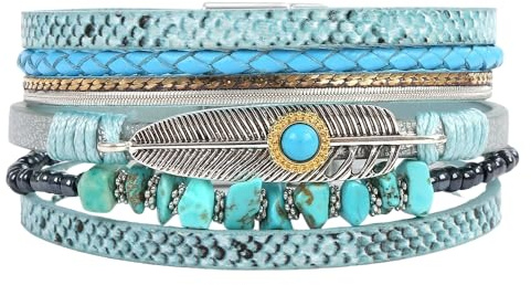 Armbänder für Herren,Boho-Lederarmband Unisex Mehrlagig Klassisch Handgefertigt Geflochten Breites Armband mit Breitem Magnetischem Türkisfarbenem Feder-Manschettenarmreif für Damen und Herren S