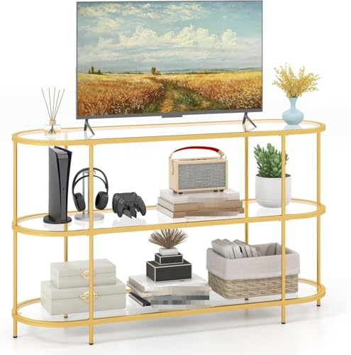 3-stöckiger TV-Ständer für Fernseher bis zu 65 Zoll, gehärtetes Glas, Konsolentisch, Media-Entertainment-Center für Wohnzimmer oder Schlafzimmer, Gold-Finish