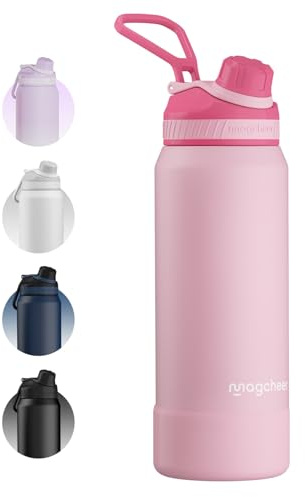 magcheer Isolierte Edelstahl Trinkflasche 1L mit Griff | BPA-Frei & Auslaufsichere Isolierte Thermosflasche | Metall Wasserflasche mit Breiter Öffnung für Sport,Gym,Outdoor(Rosa)