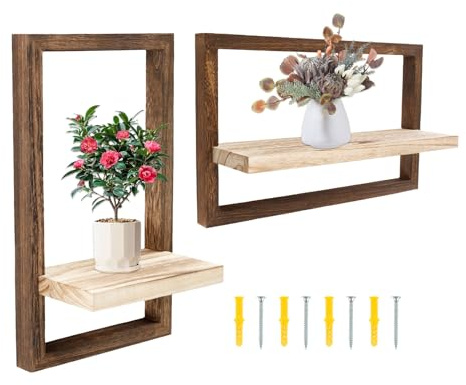 Toaboa 2 Set Wandregal Holz, Regal Wand, Starke Tragfähigkeit Vintage Wandregal Wohnzimmer Schwebende Regal Platz Sparen Schweberegal für Vasen, Fotos, Bücher