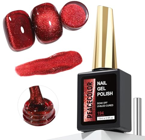 PEACECOLOR 15ml Cat Eye Gel Nail Polish Burgundy Magnetic Gel Polish Red Glitter Cat Eye Effect Long Lasting Easy to Apply for Nail Art Beginners and Professionals Nail Decoration Manicure