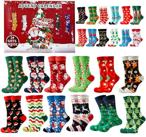 24 Paar Weihnachtsstrümpfe, Adventskalender 2025, Adventskalender Socken, Christmas Socks für Advent und Familienfeiern (A)