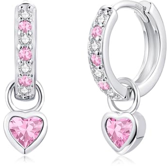 Bewenda Ohrringe Silber 925 für Kinder Mädchen Damen - Creolen Silber 925 Klein mit Herz Zirkonia Anhänger, Hypoallergen Ohrringe Mädchen Hängend, Funkelnde CZ Creolen Hängeohrringe mit Geschenkbox