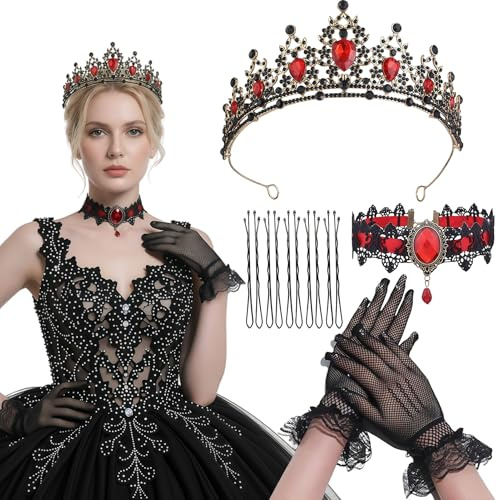 Herzkönigin Kostüm Damen, 4 Stück Krone Damen Mädchen Kristall Tiara mit Herzkönigin Rotes Halskette und Tiara, Spitzenhandschuhe Herzdame Kostüm Queen of Hearts Costume für Halloween Karneval Cosplay