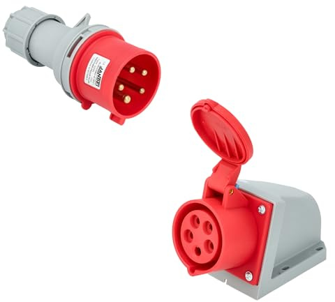 Jandei - Pack Conector Trifásico de Potencia, Toma industrial 16A 3P+N+T (5 polos) 240-415 Vac IP44, Macho Aéreo + Hembra Pared. Enchufes Industriales Adaptador