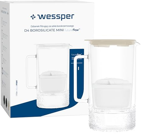 Wessper Wasserfilter Kanne aus Glas 2L, Wasserkaraffe mit intelligenter Filterzähler inclus 1x Wasserfilter Kartusche mit Aktivkohle zu Reduzierung von Kalk, Chlor und Schwermetalle- Beige