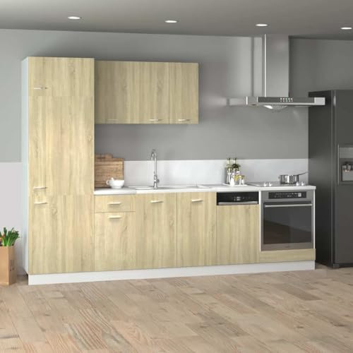 Tonture Ensemble de 7 armoires de cuisine Lyon Sonoma en chêne Sonoma avec meuble inférieur, armoire suspendue, tiroir, armoire encastrée pour four et réfrigérateur pour cuisine et salle à manger avec
