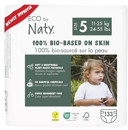 Eco by Naty Baby Öko Windeln - umweltfreundliche Premium-Bio Windeln aus pflanzenbasierten Materialien, ideal für empfindliche Babyhaut (Größe 5 - 132 Stück) - MONATSBOX