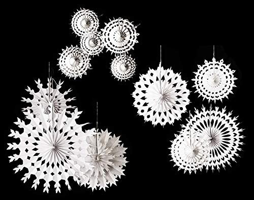 White Paper Snowflake Frozen Creative Christmas Shop Tissue Paper Hanging Fan Decorations Pack of 12