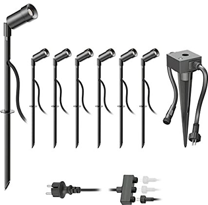 ledscom.de LED Gartenstrahler Spico schwarz mit Erdspieß und Dämmerungssensor für außen IP44 je 105lm warm-weiß 7er Set