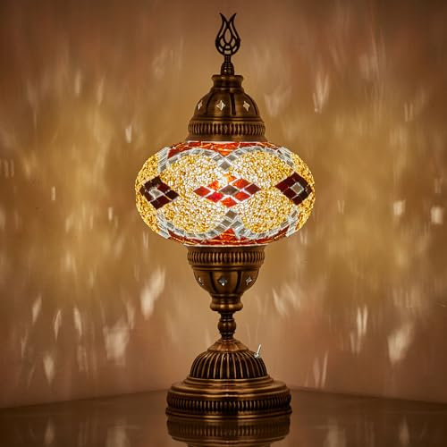 DEMMEX Battery-Operated Turkish Moroccan Mosaic Table Lamp, Portable Stained Glass Lamp for Indoor & Outdoor, Cordless Handmade Decorative Light for Balcony, Patio & Camping – 30 cm H (Brown-Black)