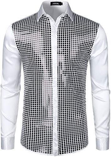 JOGAL Herren Pailletten Hemd 70er Langarm Disco Party Kostüm X-Large Weiß