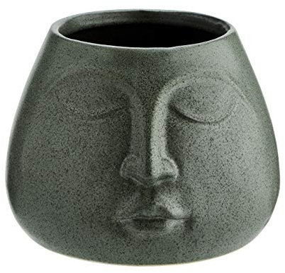 Madam Stoltz Übertopf Pflanzentopf Blumentopf mit Gesicht-Prägung grün Steingut Scandi Ethno Boho
